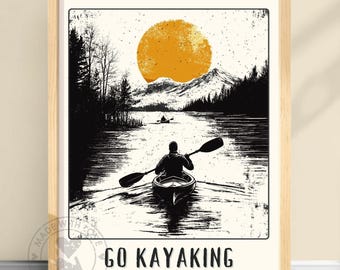Impresión artística de kayak: Póster de deportes acuáticos en blanco, negro y dorado