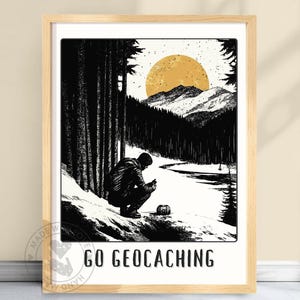 Go Geocaching Print, Geocaching Poster, Gift for a Geocaching Travel Bug, Black, White and Gold Art, Treasure Hunter Artwork #GOGEOCACHE