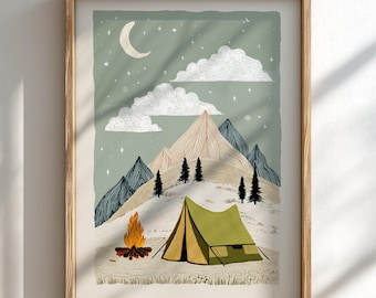 Camp Under the Moon - Pastel Camping Poster - Serene Nature Wall Decor Print