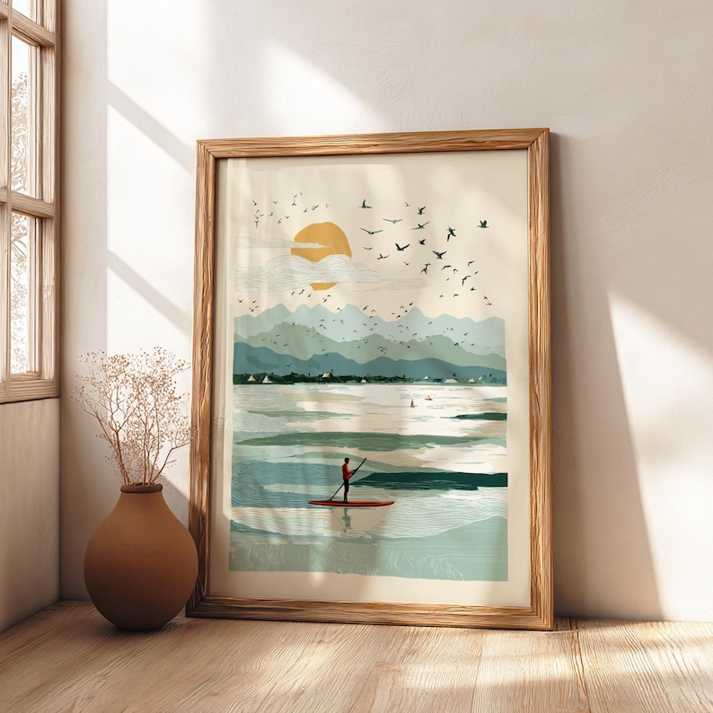 SUP on Serene Waters - Pastel Paddle boarding Poster - Serene Nature Wall Decor Poster