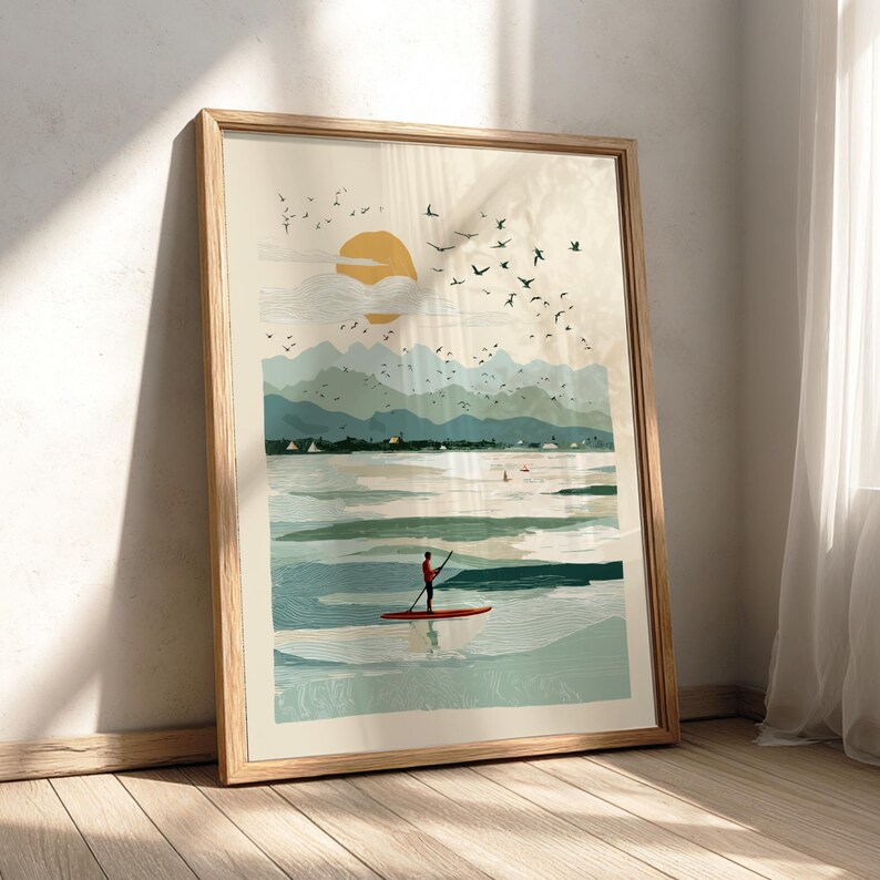 SUP on Serene Waters - Pastel Paddle boarding Poster - Serene Nature Wall Decor Poster