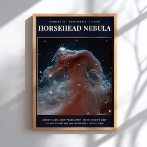 May include: A framed wall art print featuring the Horsehead Nebula, Barnard 33, in Orion. The dark blue background displays a reddish-brown cloud of dust and gas against bright stars. Text includes: BARNARD 33 - DARK NEBULA IN ORION, HORSEHEAD NEBULA, ABOUT 1,400 LIGHT-YEARS AWAY - NEAR ORION'S BELT, A CLOUD OF DUST AND GAS SHAPED LIKE A HORSE'S HEAD.