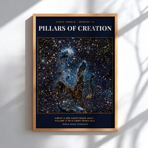 May include: A framed wall art print featuring the Pillars of Creation in the Eagle Nebula. The dark blue poster displays the text Pillars of Creation, Eagle Nebula, Messier 16, and details about the 6,500 light-years distance.