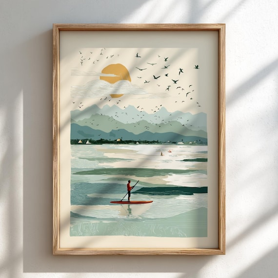 Pastel Paddle Boarding Art Print – Serene Lake Nature Wall Decor