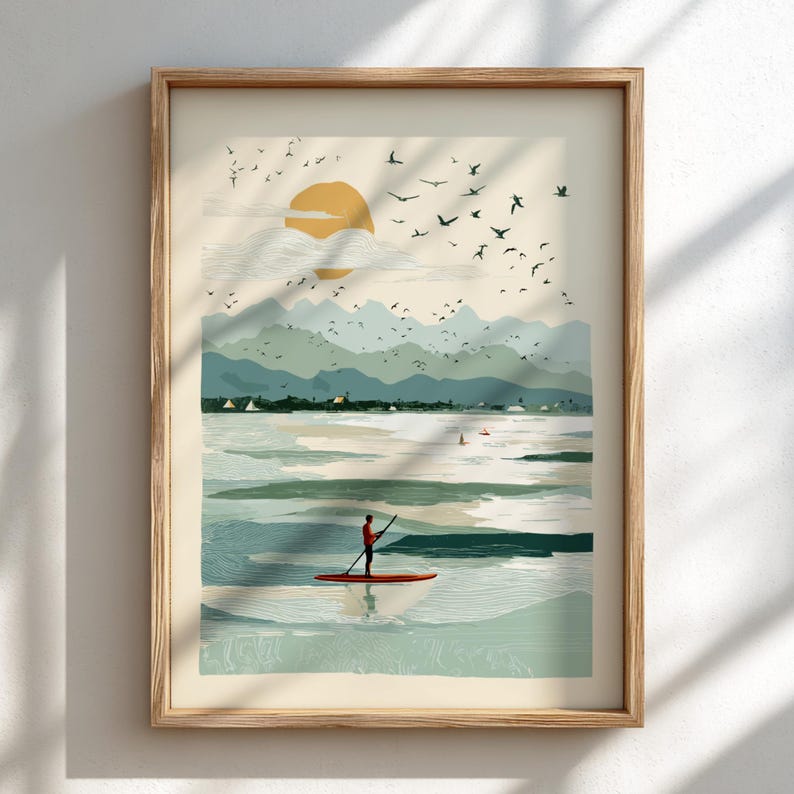 SUP on Serene Waters - Pastel Paddle boarding Poster - Serene Nature Wall Decor Poster