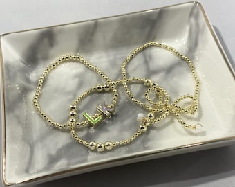 Conjunto de 3 piezas con pulsera personalizada y pulsera de lazo: pulseras de cuentas rellenas de oro de 14 k, resistentes al sudor y al deslustre (personalice su tamaño)