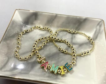 Conjunto de 3 piezas con pulsera personalizada: pulseras de cuentas rellenas de oro de 14 k de 2,5 mm, 3 mm y 5 mm, resistentes al sudor y al deslustre (personalice su tamaño)
