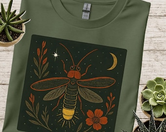 Firefly Lightning Bug Linosnede Unisex katoen retro T-shirt, Old School, insectenliefhebber, Unisex schattig Firefly T-shirt, shirt bugs, boho cadeau