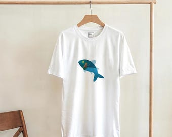 Whimsical Fish Silhouette T-Shirt - Boy Fishing Under the Moon - Perfect Gift for Nature Lovers