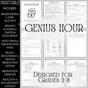 May include: Printable Genius Hour pages for grades 2-8. Includes brainstorming, topic selection, research planning, question development, note-taking, organization, project development, presentation guidelines, and self-assessment checklists. The pages are designed to help students with their projects.