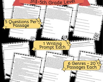 Reading Comprehension Passages Bundle | 3rd-5th Grade | 6 Genres | Higher-Order Thinking | Writing Prompts