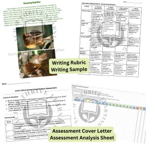 May include: A close-up of a writing rubric for an animal classification assessment. The rubric is divided into five columns, each representing a different level of achievement. The rubric is titled "Informative Writing Rubric: Animal Classification".