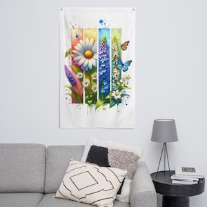 Bandiera "Inno alla primavera", Margherita, Non ti scordar di me, Giacinto, Floreale, Poster, Striscione, Decorazione murale, Bandiera verticale, Arte murale
