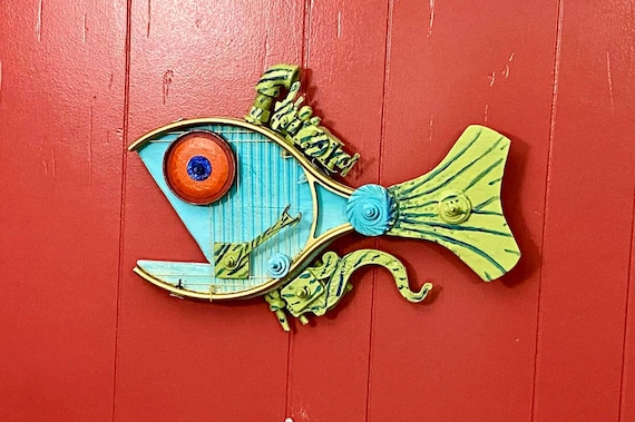 Big Whimsical Tennis Racket Fish | Lite Blue and Green Wall Art Fish Assemblage | One of a Kind Handmade Nautical Beach 