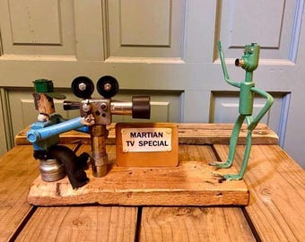 Quirky Martian TV Interview Sculpture | Upcycled Green Martian Assemblage | Outer Space Sci Fi Lovers Art Gift