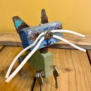 Blue and Green Kitty Cat found items junk art sculpture | cat lover gift | cat art | pet animal lover gift | home decor