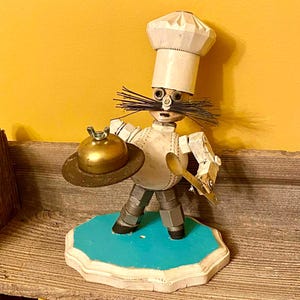 Upcycled Chef Assemblage Sculpture | Repurposed Items Culinary Art | Handel the Chef Kitchen Dining Room Decor | Food Lovers Art Decor Gift