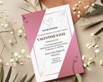 May include: A Valentine's Day invitation with a pink and white geometric design. The invitation includes the text "YOU'RE INVITED" and event details. Floral accents and greenery surround the invitation.