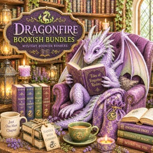 May include: An illustration of a purple dragon reading a book titled "Tales of Forgotten Realms" while seated in a purple armchair. The image includes stacks of books, a teacup, a mug with the text "Just One More Chapter", and a sign that reads "Dragonfire Bookish Bundles".