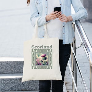Scotland Thistle Cotton Canvas Tote Bag for Shopping or Travel, Reusable Eco-Friendly Gift, Natural or Black Celtic Tote Bag