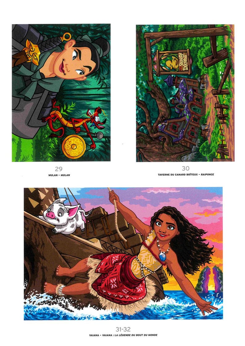 May include: Colorful illustrations from a children's book featuring characters from animated movies. Includes Mulan with Mushu, a tavern scene, and Moana with Pua. The text includes the numbers 29, 30, 31-32, and character names.