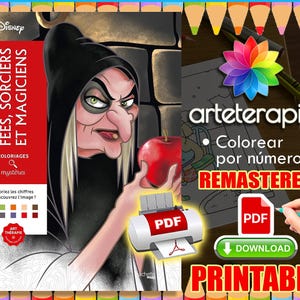 May include: A printable colouring book featuring a Disney witch holding a red apple. The book cover reads "Fées, Sorciers et Magiciens" and "Coloriages mystères". The image also includes a "PDF" download button and the text "arteterapia".