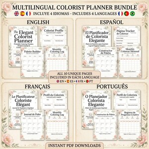Puede incluir: Un paquete de planificadores digitales para coloristas con diez páginas imprimibles únicas en inglés, español, francés y portugués. Cada página incluye bordes florales y campos de texto para el seguimiento del progreso, creación de paletas y perfiles.