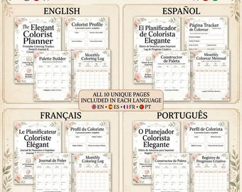 Multilingual Coloring Planner Bundle | Printable Swatch Journal, Color Tracker & Log Book | PDF A4 (English, Spanish, French, Portuguese)