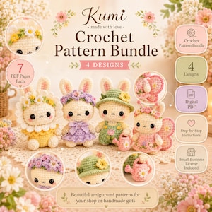 Puede incluir: Un paquete de patrones de ganchillo Kumi con cuatro diseños de conejos amigurumi. El PDF digital incluye siete páginas por patrón, instrucciones paso a paso y una licencia para pequeñas empresas. Los conejos llevan sombreros y ropa floral.