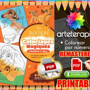 Puede incluir: Una portada de libro para colorear imprimible con el tema de El Rey León. El diseño presenta a Simba, Timón y Pumba, con el título "Coloriages Magiques". La imagen también incluye las palabras "Remastered" y "Printable".