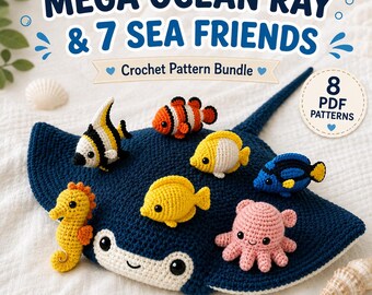 Mega Ocean Ray Crochet Pattern Bundle, Giant Stingray Storage Toy + 7 Sea Friends, Amigurumi PDF, Instant Download
