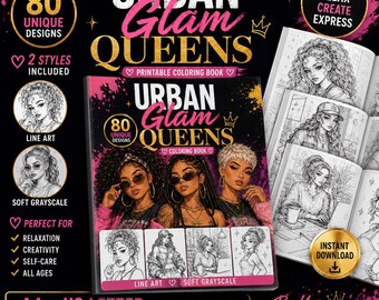 Urban Glam Girls Coloring Book, 80 Baddie Fashion Pages, A4 and US Letter PDF