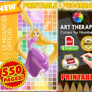 Puede incluir: Un libro digital de arte terapia de colorear por números con Rapunzel de largo cabello rubio y vestido morado. La portada incluye el texto LE NUANCIER OFFICIEL, 550 PAGES y ART THERAPY Colour by Numbers, con iconos de descarga PDF.