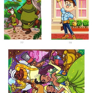Peut inclure: Une illustration color&eacute;e mettant en sc&egrave;ne des personnages de dessins anim&eacute;s. L'image comprend un ours et un renard, un homme tenant un marteau et un groupe de personnages. Le style rappelle un livre de coloriage.