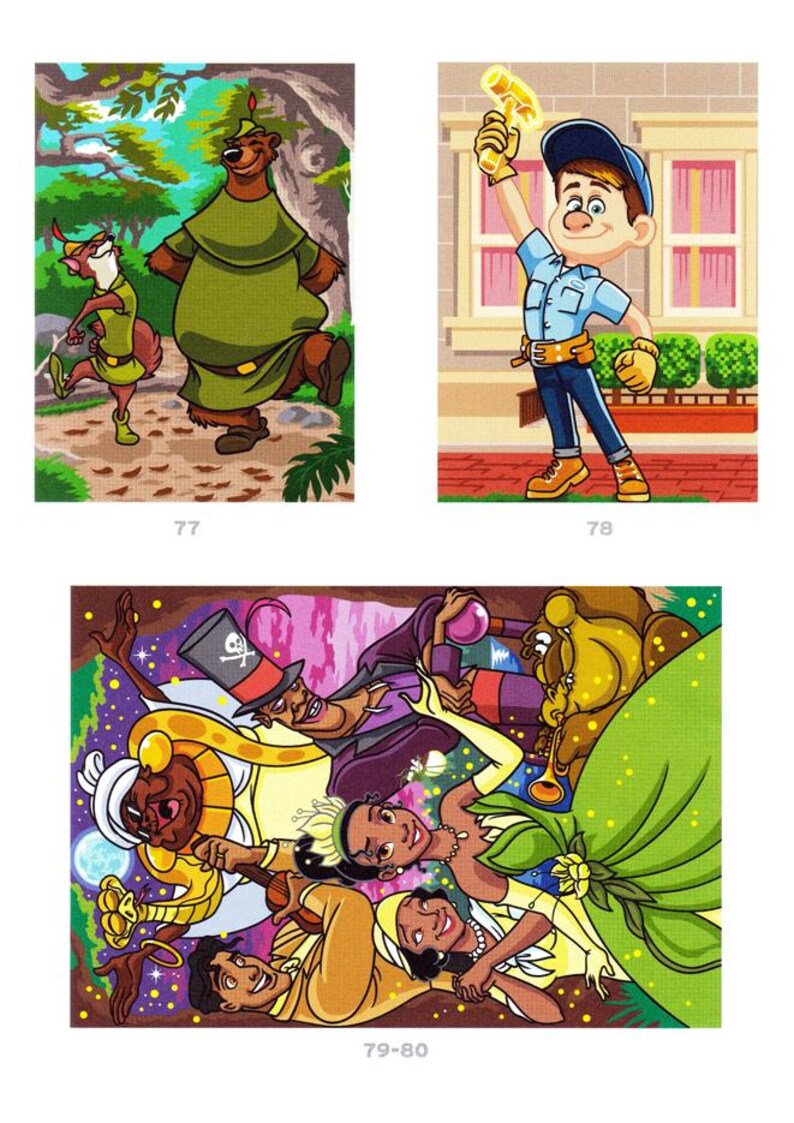 Peut inclure: Une illustration color&eacute;e mettant en sc&egrave;ne des personnages de dessins anim&eacute;s. L'image comprend un ours et un renard, un homme tenant un marteau et un groupe de personnages. Le style rappelle un livre de coloriage.