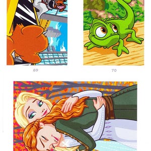 Peut inclure: Kit de peinture par num&eacute;ros avec trois illustrations color&eacute;es. L'une repr&eacute;sente un chien et un chat dans une sc&egrave;ne de ville, une autre un cam&eacute;l&eacute;on vert, et la derni&egrave;re deux femmes qui s'embrassent. Les num&eacute;ros 69, 70 et 71-72 sont visibles.