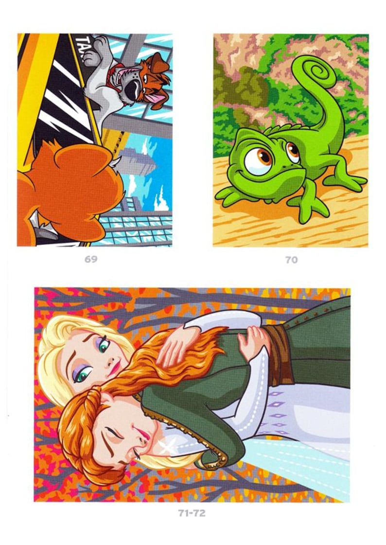Peut inclure: Kit de peinture par num&eacute;ros avec trois illustrations color&eacute;es. L'une repr&eacute;sente un chien et un chat dans une sc&egrave;ne de ville, une autre un cam&eacute;l&eacute;on vert, et la derni&egrave;re deux femmes qui s'embrassent. Les num&eacute;ros 69, 70 et 71-72 sont visibles.