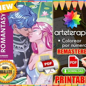 May include: A digital printable featuring a romantic illustration of a couple kissing, with the word "ROMANTASY" in large letters. The image includes the text "100% QUALITY" and "PRINTABLE".