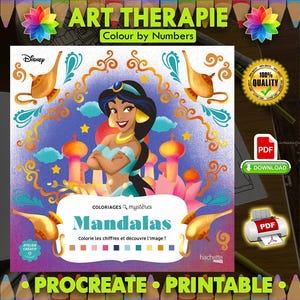 Puede incluir: Un libro para colorear de Disney con la Princesa Jasmine. El título es "ART THERAPIE Colour by Numbers" y "Mandalas". La imagen incluye ilustraciones de lámparas, castillos y una paleta de colores, con las palabras "PROCREATE PRINTABLE" en la parte inferior.