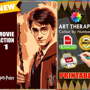 Puede incluir: Impresión de arte digital de Harry Potter con una varita mágica, parte de la serie "Movie Action". La imagen incluye el texto "Art Therapy Colour by Numbers" y "Printable". También se ve un sello de "100% Quality".