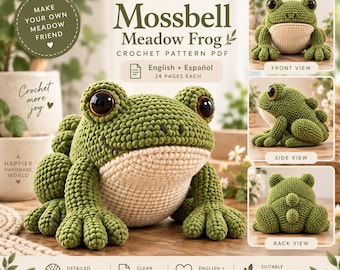 Large Frog Crochet Pattern PDF, Jumbo Amigurumi Frog Plush, Mossbell Meadow Frog, Intermediate Crochet Toy, English + Spanish
