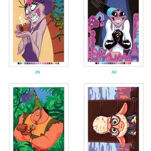 May include: Four colorful cartoon illustrations. The first shows a purple-haired character holding a cup. The second depicts a character in a white coat. The third features a muscular character with a small creature. The last shows a sheep wearing glasses.