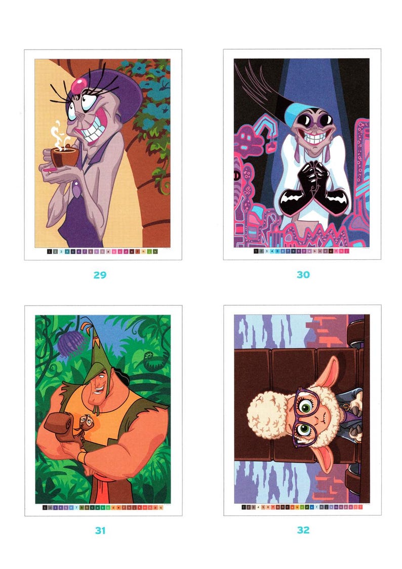 May include: Four colorful cartoon illustrations. The first shows a purple-haired character holding a cup. The second depicts a character in a white coat. The third features a muscular character with a small creature. The last shows a sheep wearing glasses.