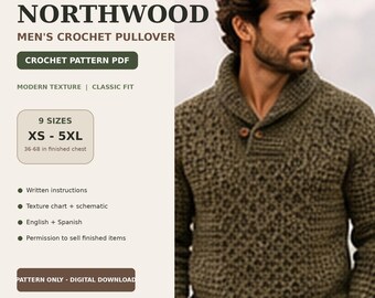 Men's Crochet Sweater Pattern PDF, Shawl Collar Pullover XS-5XL, Textured Crochet Jumper, Instant Download