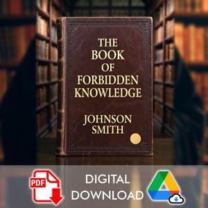 May include: A vintage-style book titled "The Book of Forbidden Knowledge" by Johnson Smith. The cover is brown with gold lettering and a gold circle. The image also includes a "Digital Download" graphic with a PDF icon and a Google Drive icon.