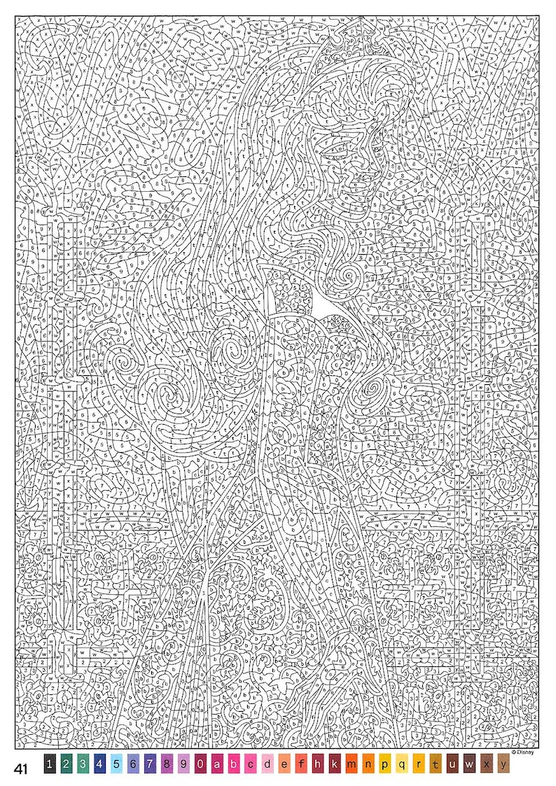 May include: Black and white color-by-number art print featuring a woman with long flowing hair. The image is divided into numerous numbered sections, ready to be colored. A color key is at the bottom.
