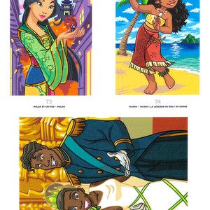 May include: Colorful illustrations of Disney characters Mulan, Vaiana, and Tiana with Naveen. Mulan is in a green and blue outfit, Vaiana is on a beach, and Tiana and Naveen are in formal attire. The image includes text.