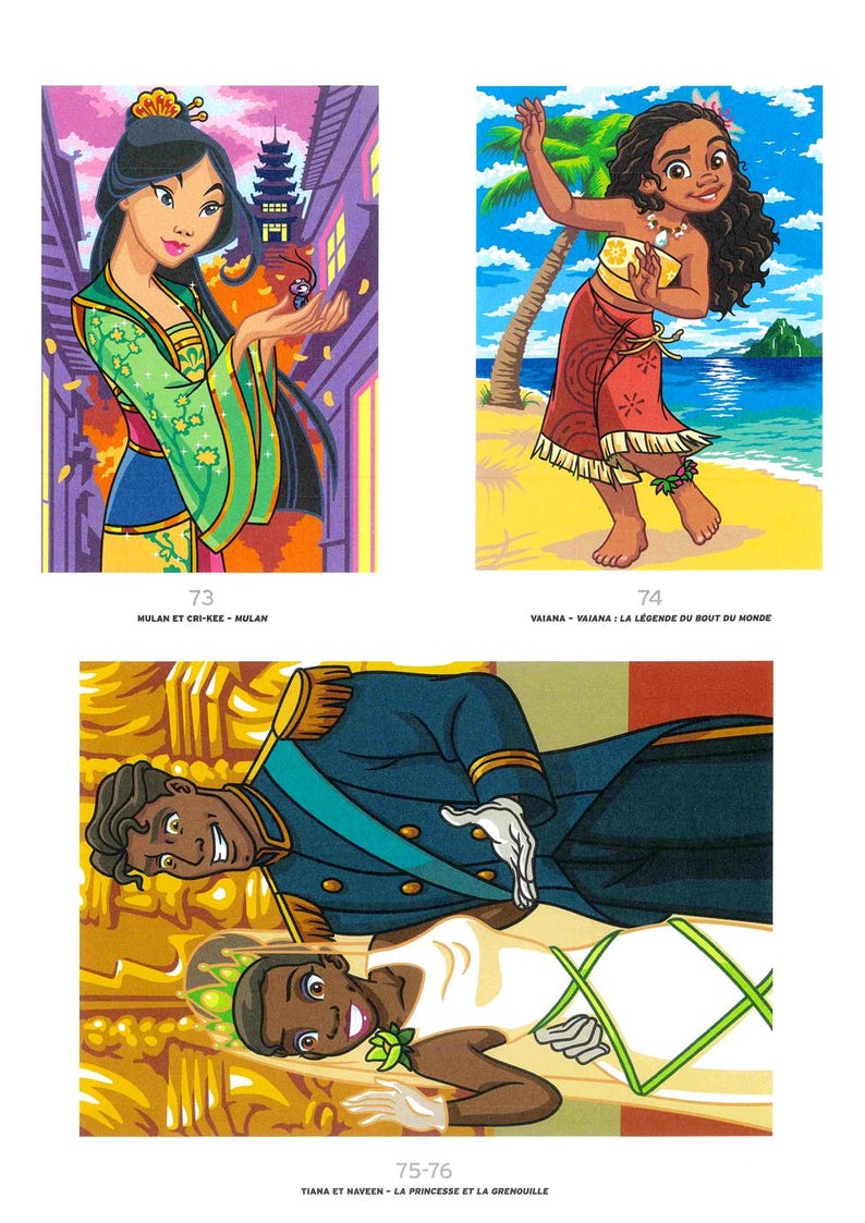 May include: Colorful illustrations of Disney characters Mulan, Vaiana, and Tiana with Naveen. Mulan is in a green and blue outfit, Vaiana is on a beach, and Tiana and Naveen are in formal attire. The image includes text.