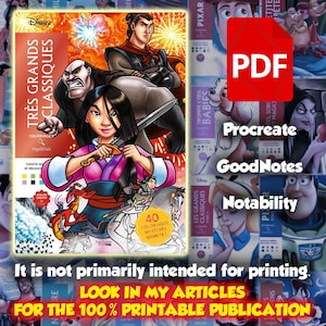 Puede incluir: Un libro para colorear de Disney con Mulan y otros personajes. La portada muestra el título "TRÈS GRANDS CLASSIQUES" y el texto "40 COLORIAGES MYSTÈRES GÉANTS!". La imagen también muestra un icono PDF y menciona Procreate, GoodNotes y Notability.