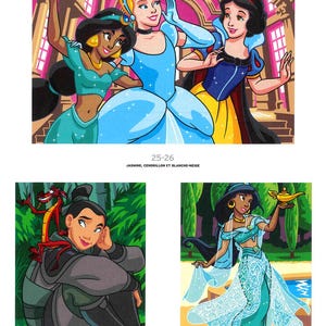 May include: Colorful illustrations of Disney princesses Jasmine, Cinderella, and Snow White, with Mulan and Jasmine from Aladdin. The princesses are depicted in their iconic outfits, with vibrant colors and detailed backgrounds. Text includes "Jasmine, Cendrillon et Blanche-Neige", "Mulan - Mulan", and "Jasmine - Aladdin".